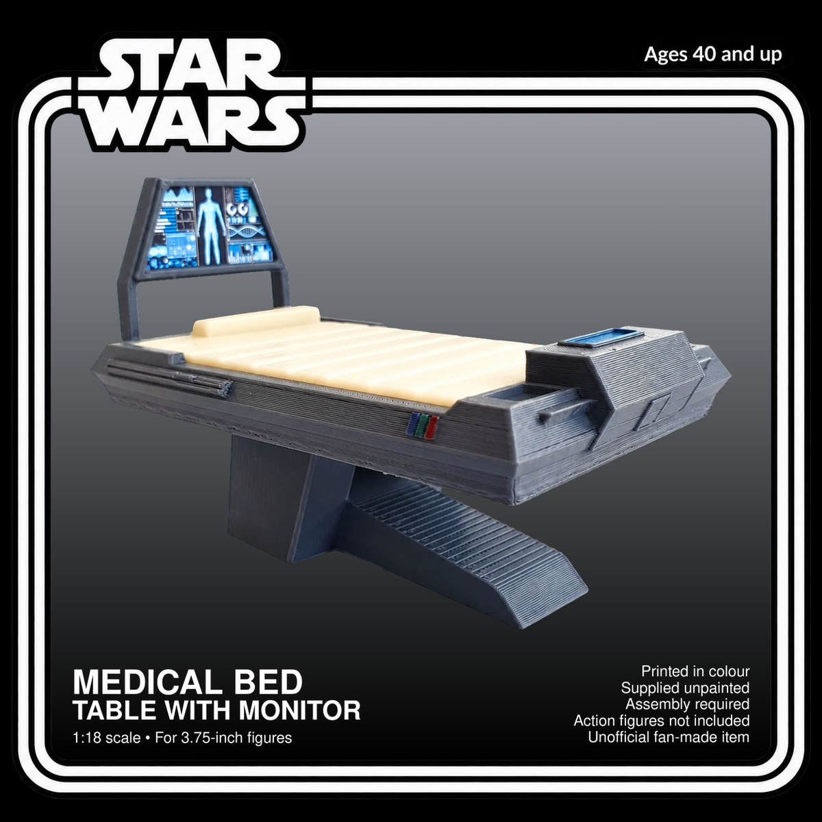Sci Fi Medical Bed Table 3 with Monitor 3.75 Inch 1:18 3D Printed Diorama