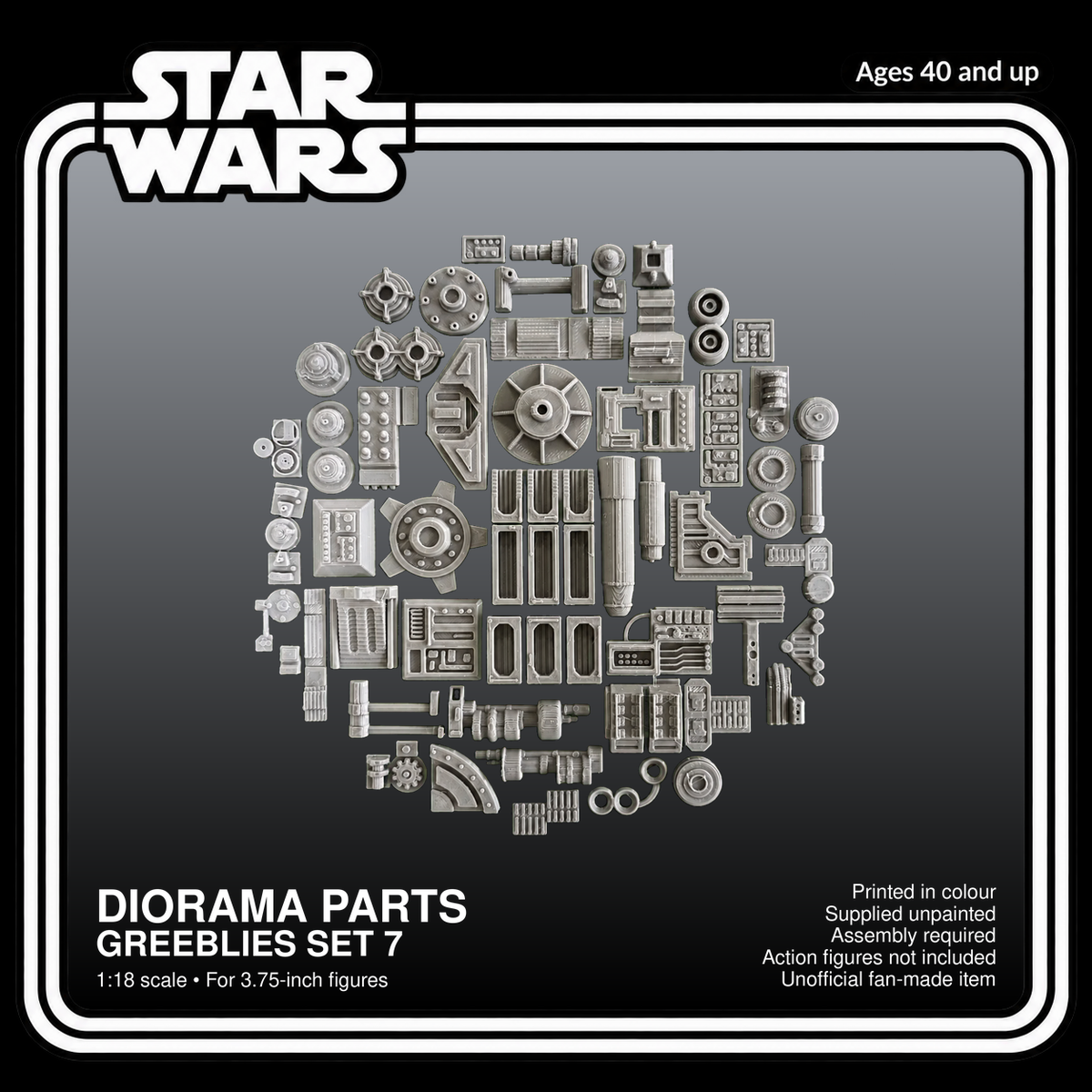 50 Sci Fi Diorama Greeblies Parts Set 7 3.75 Inch 1:18 Grey 3D Printed
