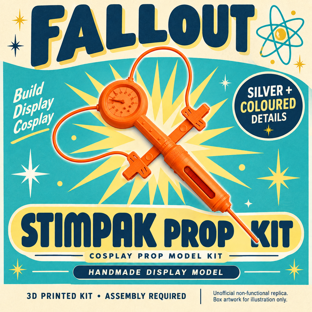 Fallout Stimpak Injector Silver 3D Printed Handmade Cosplay Display Prop Kit