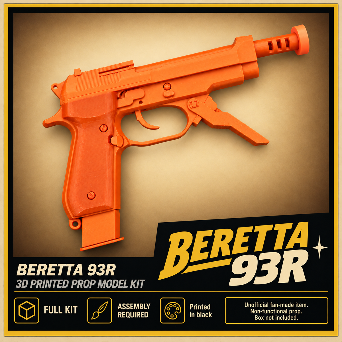 Beretta 93R Black Grip 3D Printed Non-Functional Cosplay Prop Kit