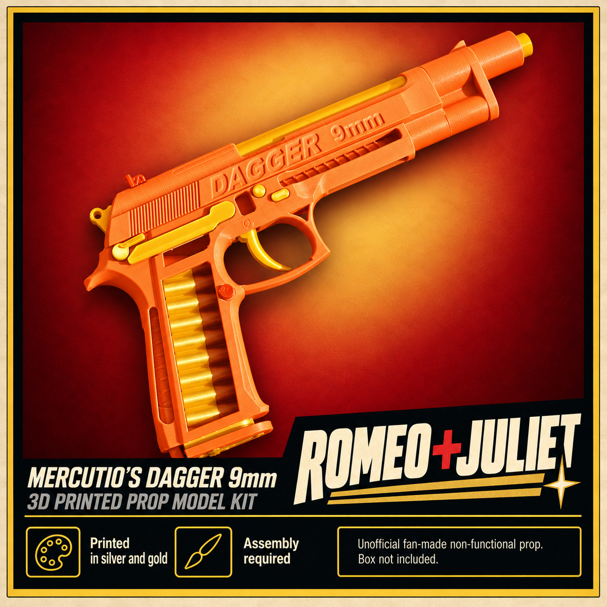 Romeo Juliet Mercutio Dagger 9mm Silver Gold 3D Printed Cosplay Prop Kit