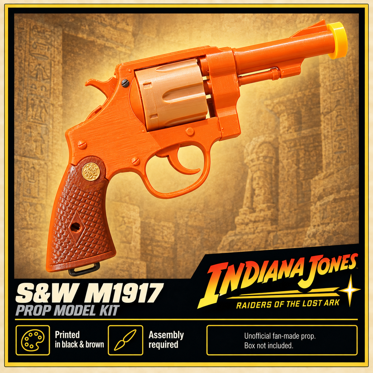Indiana Jones S&W M1917 Brown Medallion Grip 3D Printed Cosplay Prop Kit