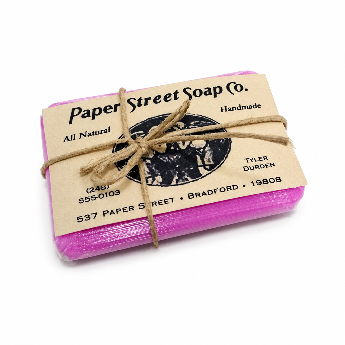 Fight Club Pink Soap Bar Display Prop With Paper Street Card and Wrapping
