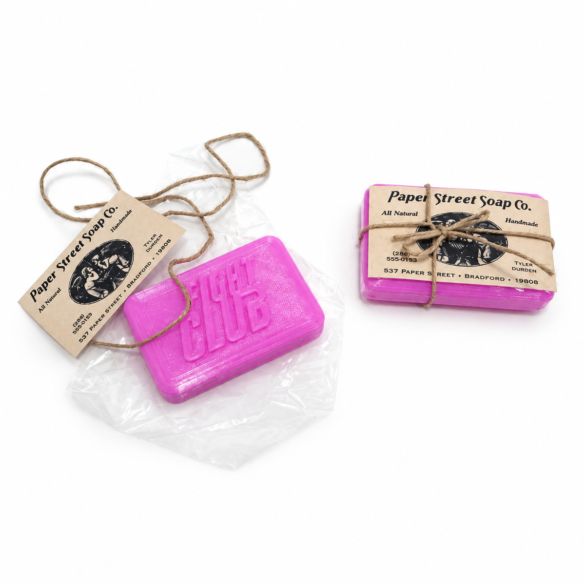 Fight Club Pink Soap Bar Display Prop With Paper Street Card and Wrapping