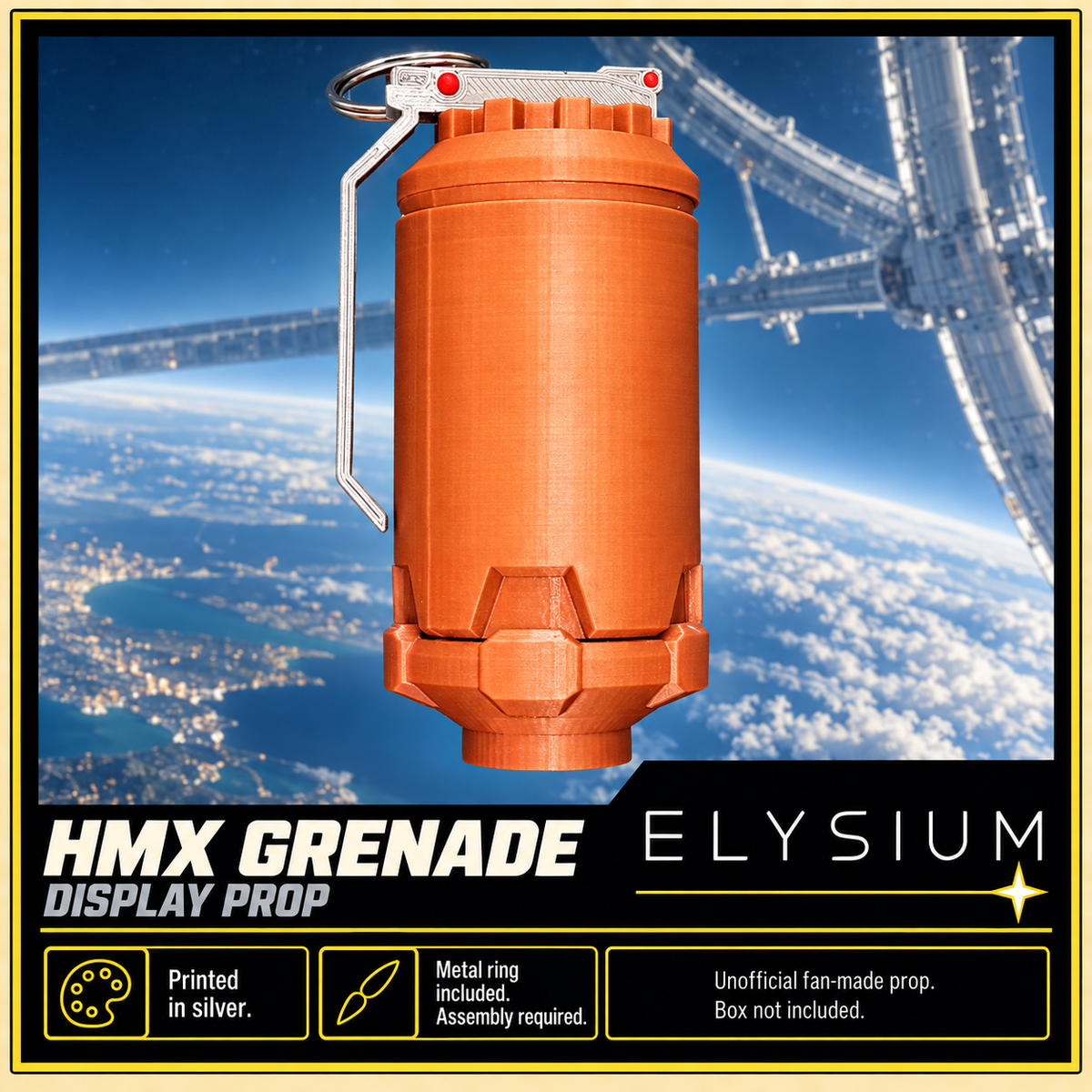 Elysium HMX Grenade Silver 3D Printed Non-Functional Cosplay Prop Kit