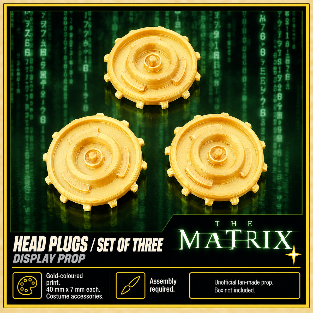 The Matrix Neo Head Plugs Set of 3 Gold 40mm 3D Printed Cosplay Props