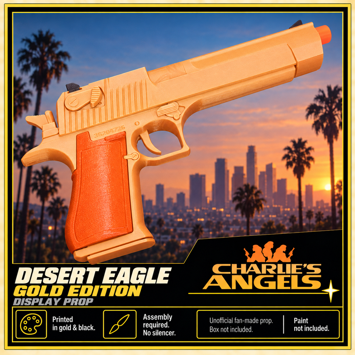 Charlies Angels Desert Eagle Gold Black 3D Printed Cosplay Pistol Kit